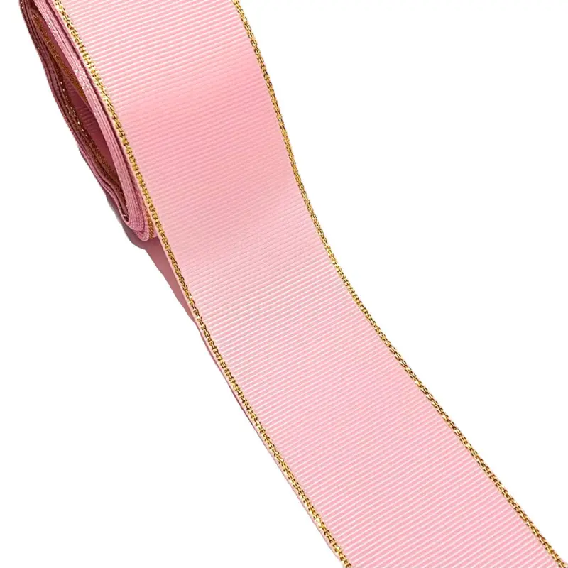 Fita de gorgorão de 38mm com BORDAS DOURADA METALIZADAS com 5 metros ROSA BEBÊ - Rosa Princesa