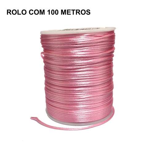 Rolo com 100 Metros de Cordão de Cetim Rabo de Rato - Rosa Bebê