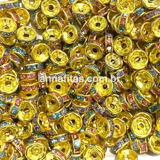 Entremeio Rondela de Strass de 8mm em acrílico com 20 unidades Dourado e colorido - Dourado Detalhado