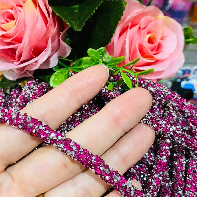 Tubo de Strass de 7mm com 1 metro Cor - ROSA PINK COM PRATA - Rosa Pink e Prata