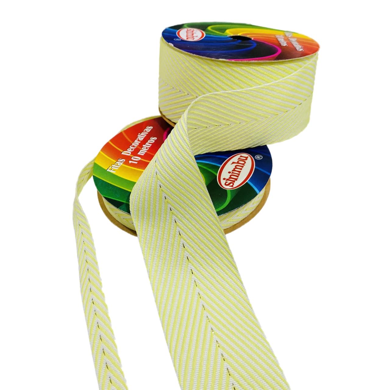 Fita Sinimbu Espinha de Peixe Chevron AMARELO BEBÊ Pesponto Dourado com 10 Metros Ref : 1875