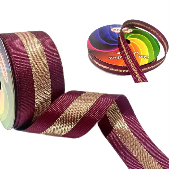 Fita de gorgorão Natalina Friso Dourado Sinimbu de 10m MARSALA Ref - 1854 C08 - Marsala com Friso Dourado