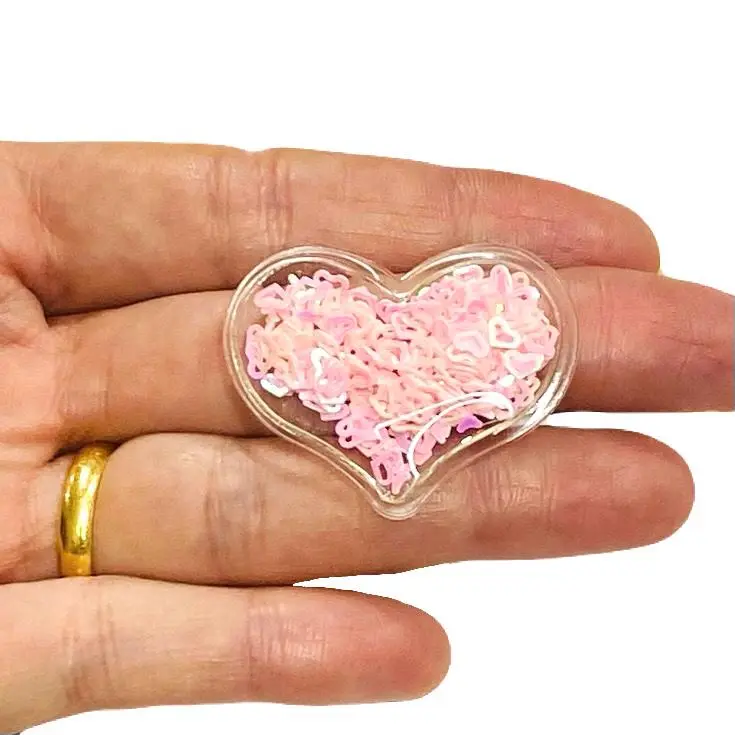 Aplique em Plástico transparente CORAÇÃO LANTEJOULAS ROSA BEBÊ Altura de 3 x 3,9cm - Coração Glitter Rosa Bebê